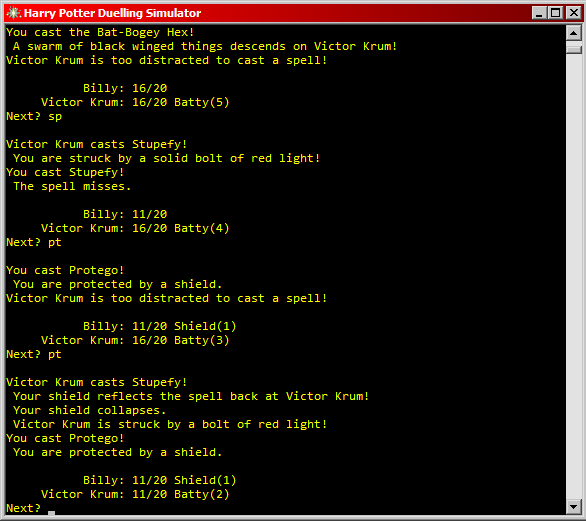 A console window with text describing the effects of spells