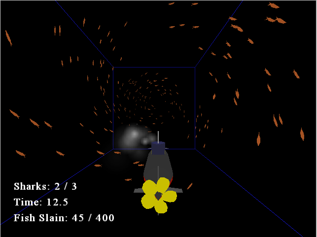 Screenshot: hundreds of fish swarm towards the screen